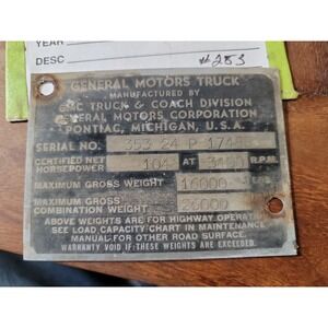 1953 GM GMC Truck Coach Division Pontiac Michigan ID Plate Data Tag Original
